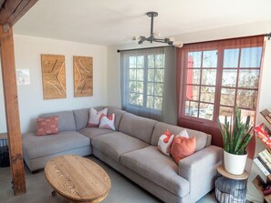 TV connectée, cheminée, livres, médiathèque