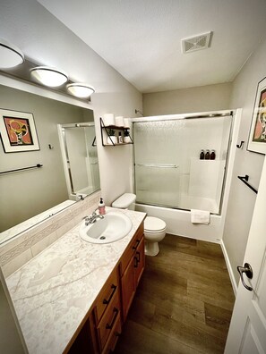Combined shower/tub, hair dryer, towels, soap