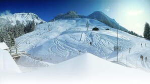 Een besneeuwde piste met skiliften, bomen en een berg op de achtergrond.
