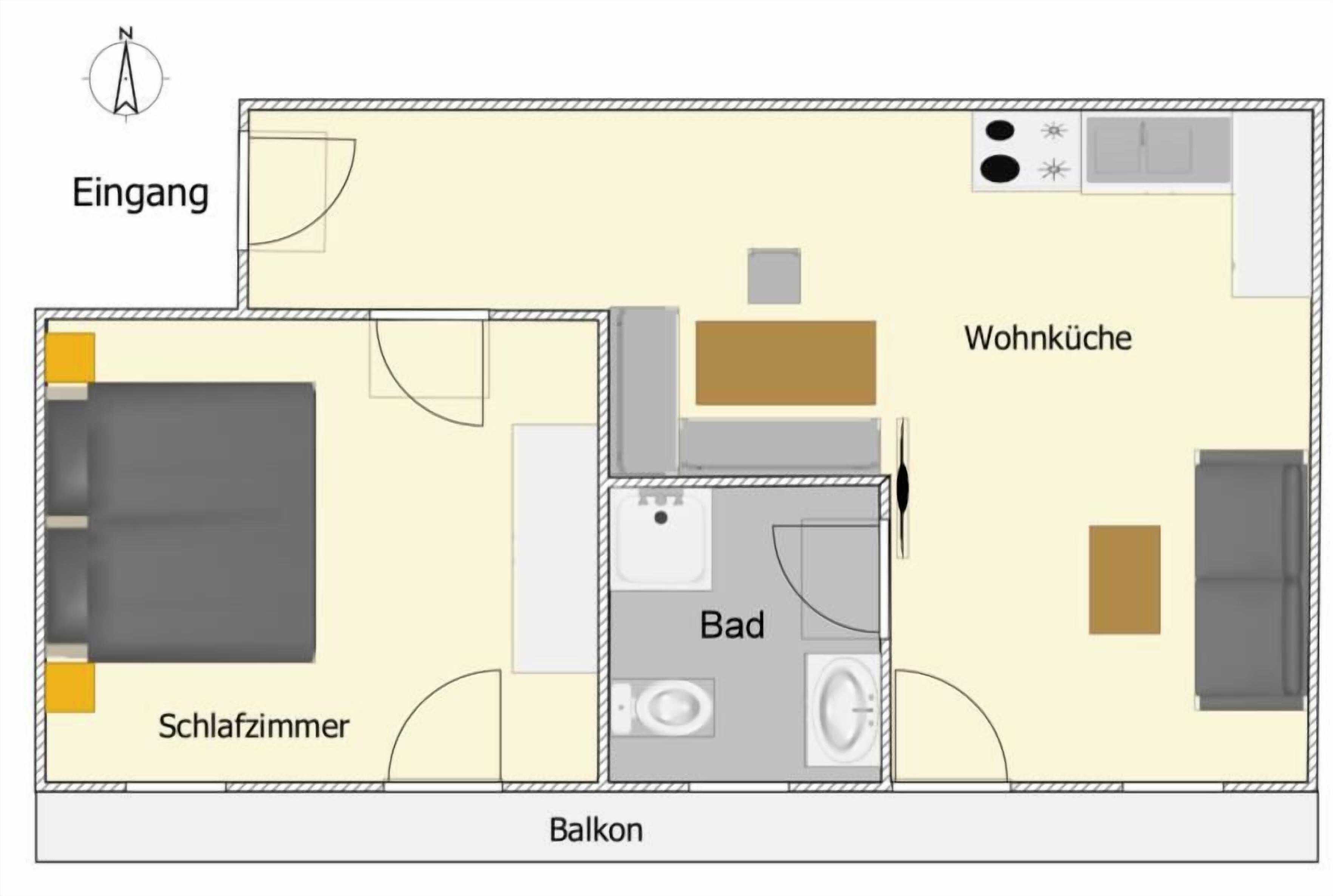 Un plan d’une chambre d’hôtel comprenant un balcon, une salle de bain, une chambre et un espace de vie.