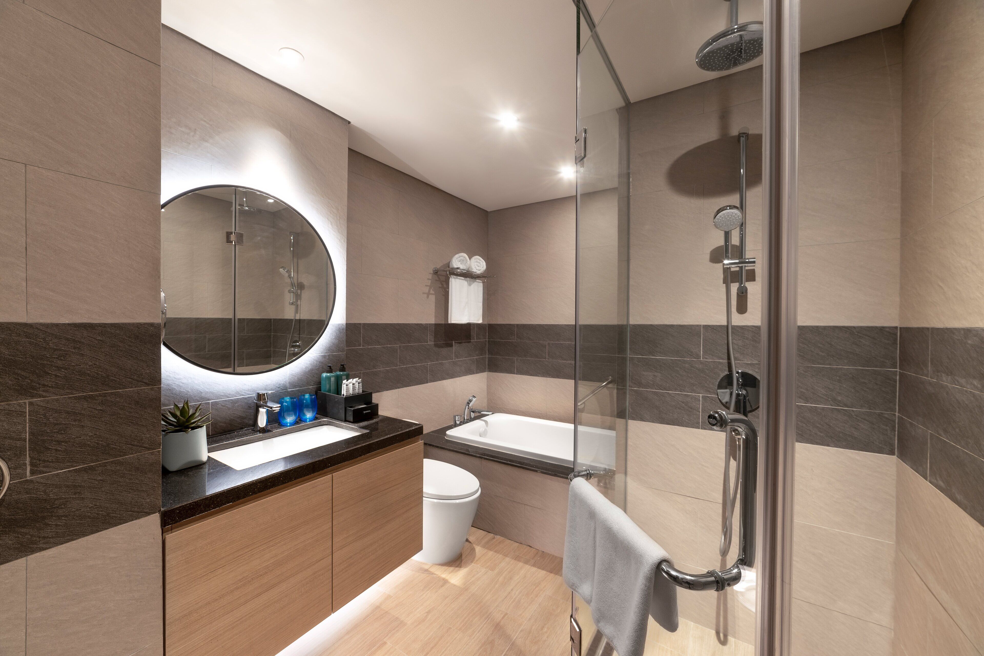 A modern bathroom with a glass-enclosed shower, a white toilet, and a bathtub.