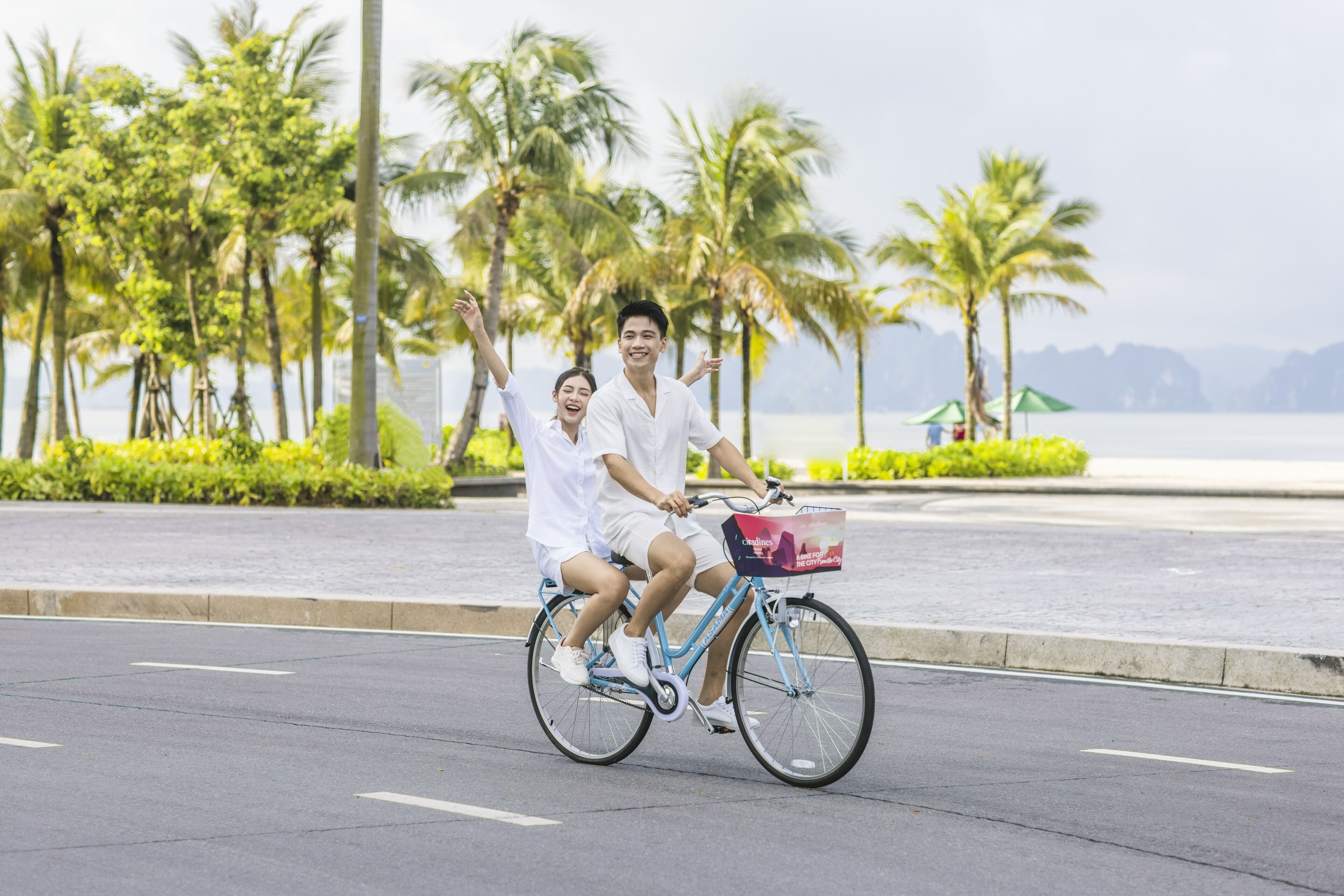 A couple on a bicycle with a basket, riding on a road with palm trees and a body of water in the background.