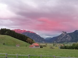 Ländliche Landschaft mit sanften grünen Hügeln, einigen Holzbauten und Bergen im Hintergrund unter bewölktem Himmel.