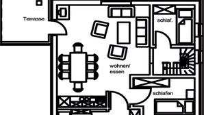 A floor plan with a terrace, living/guest room, sleeping area, bathroom, and wind direction. - Holiday apartment in the Naturpur holiday village (Brakel-Bellersen)