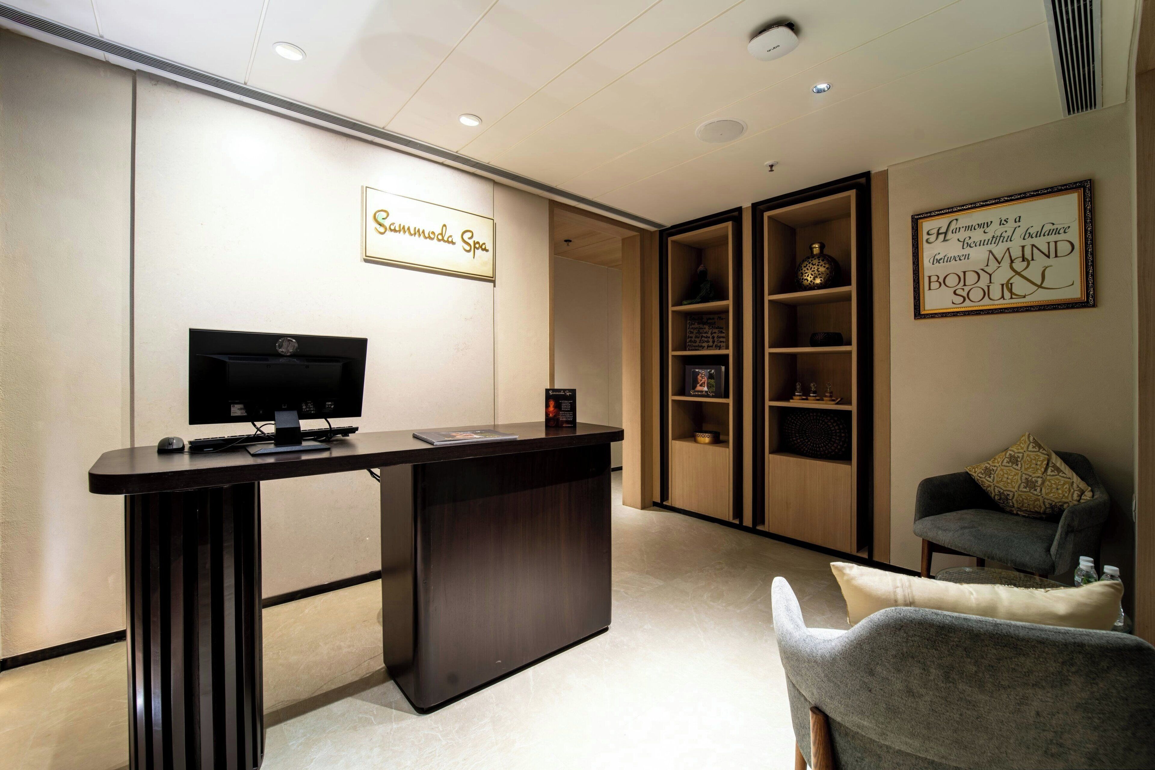 A reception desk with a sign reading "Sannmuda Spa," a television, and a shelving unit with decorative items.