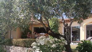 Ein Garten mit Olivenbäumen und weißen Blüten, eine Steinsäule und ein Gebäude mit Ziegeldach.