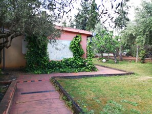 A building partially covered with ivy, a paved pathway, and a grassy area with trees. - Gaia B&b (Castrovillari)