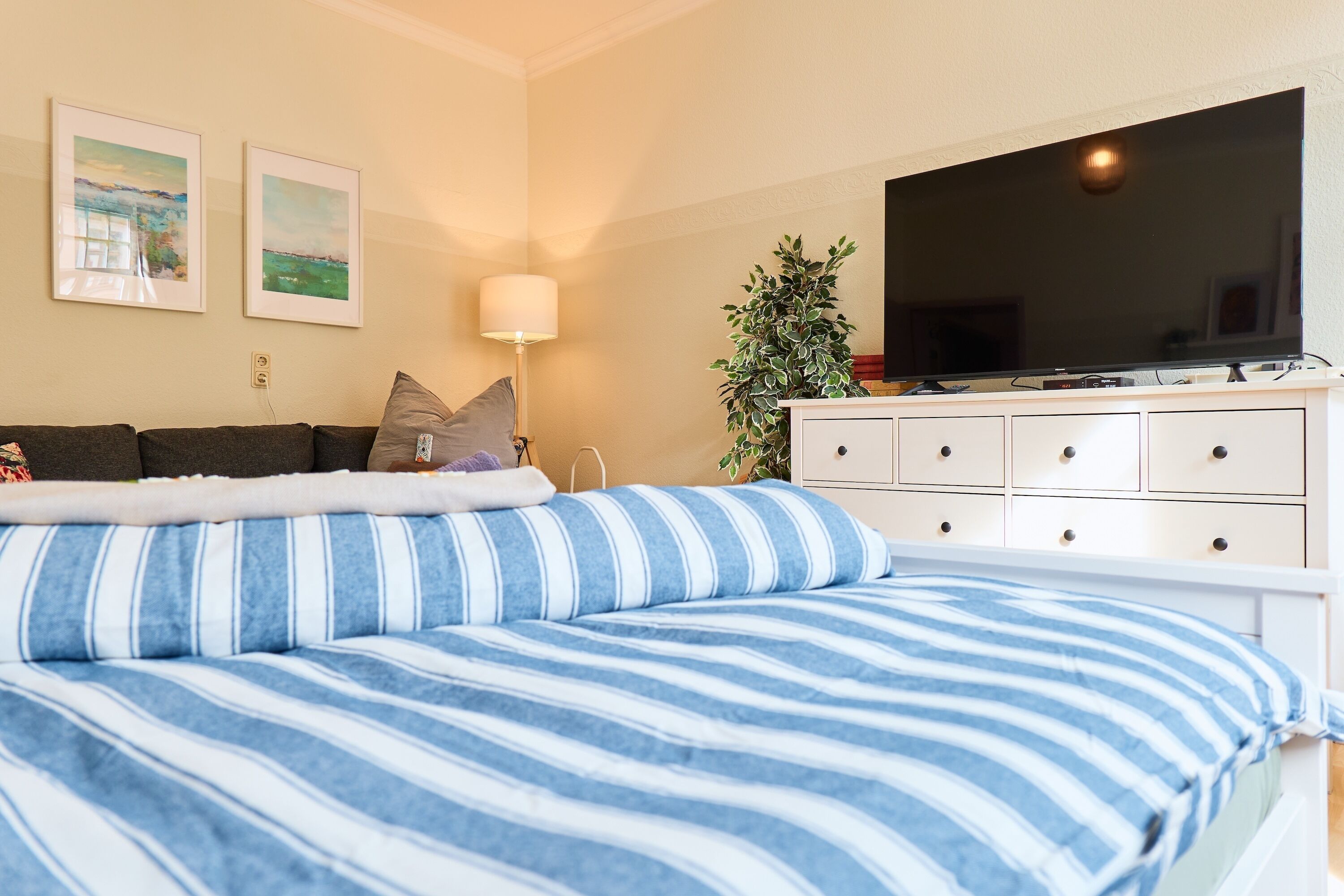 A bedroom with a bed, a TV, a dresser, and two framed pictures on the wall.