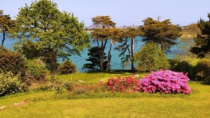A grassy area with a large bush of pink flowers, trees, and a body of water in the background. - Brittany, Cote de Granit Rose, Chalet with sea view, feet in the water (Trébeurden)