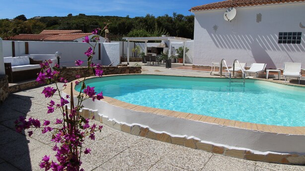 Une piscine avec une zone de bord de piscine blanche, une pergola et un bâtiment blanc doté d’un toit en tuiles.