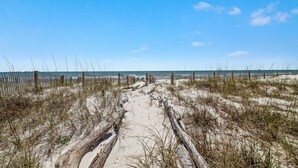 Un sentier de plage sablonneux, bordé de clôtures en bois et parsemé de quelques plantes.