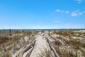 Walk along the beach pathway, flanked by natural vegetation, to the ocean's edge.