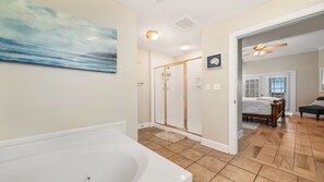 Combined shower/bathtub, jetted bath, hair dryer