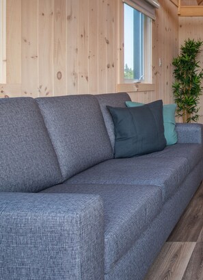 Un sofá gris con cojines en una habitación con paredes de madera y una ventana.