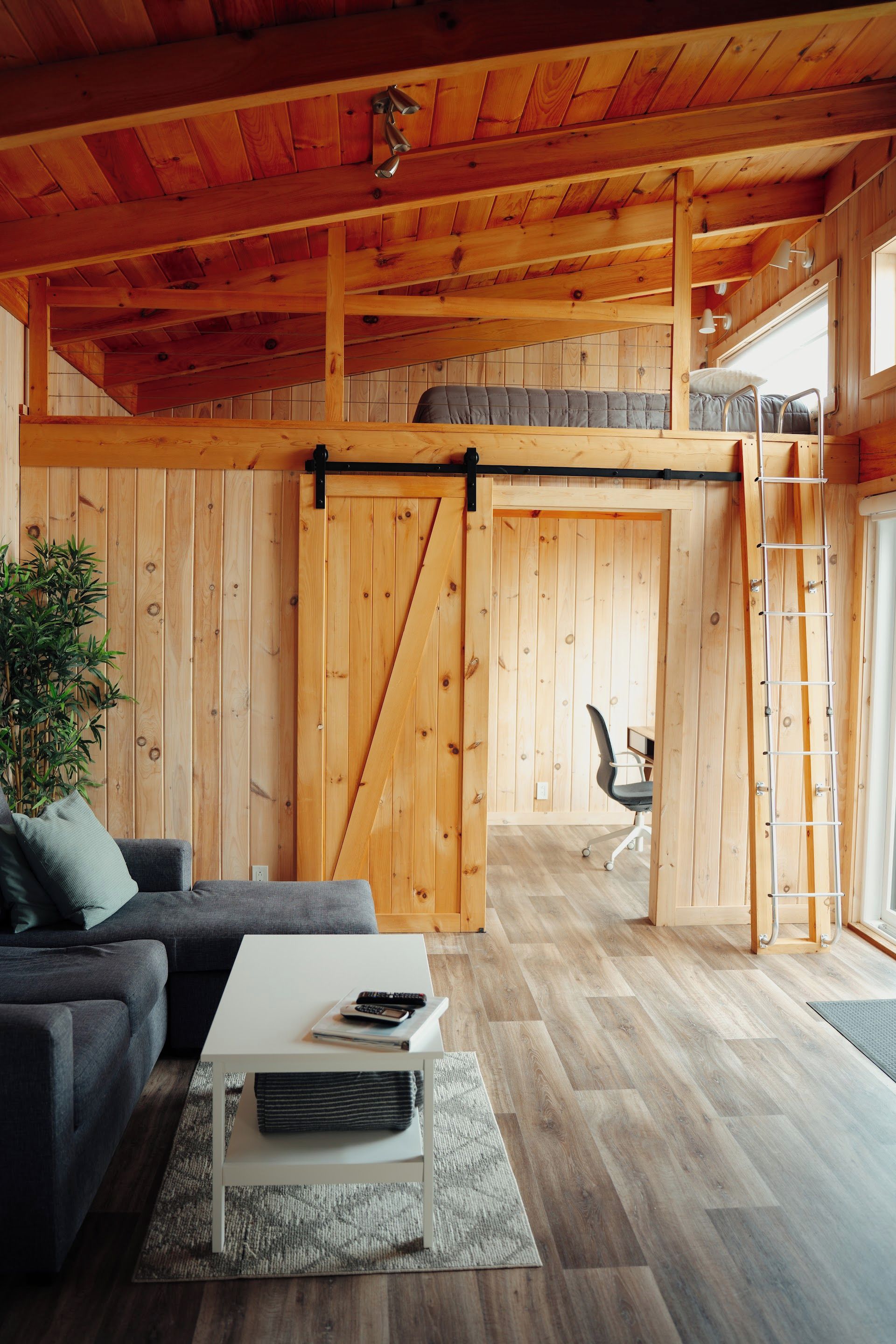 A cozy living room with a sofa, coffee table, and a sliding barn door leading to a loft area with a ladder.