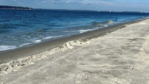 Ein Strand mit sandigem Ufer und ruhigem Wasser.