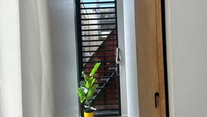 Un pasillo estrecho con una puerta de madera a la derecha, una planta en maceta en el centro y una reja negra que da a una escalera.