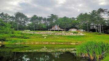 A cabin with a stone foundation, surrounded by a pond and dense forest.