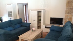 Un salon avec deux canapés bleus, une table basse en bois, un téléviseur et un mur en pierre.