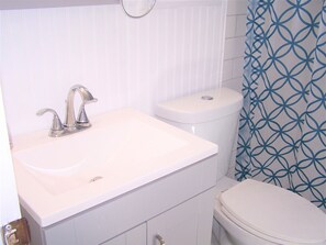Combined shower/bathtub, hair dryer, towels, soap