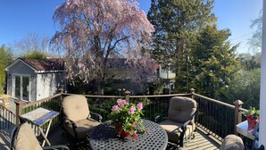A deck with outdoor furniture, a small shed, and a cherry blossom tree.