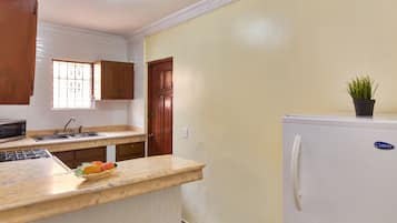 Apartamento | Cocina privada | Frigorífico, microondas, horno y placa de cocina