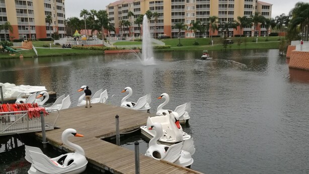 A water park with swan-shaped boats docked at a pier, a fountain in the background, and a building complex with palm trees. - Westgate Vacation Villas Resort (Kissimmee)