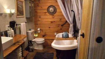 Combined shower/tub, rainfall showerhead, hair dryer, towels
