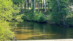 A river surrounded by dense green foliage and a wooden bridge. - Riverbend Retreat with Hot Tub (Traverse City)