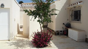 A courtyard with a tree and pink flowers, a white door, and a window with a metal gate.