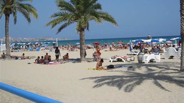 A beach with palm trees, sun loungers, and umbrellas. - Cosy Bright & Neat Apartment with Sea View, Shared Pool & Wi-Fi (Guardamar del Segura)