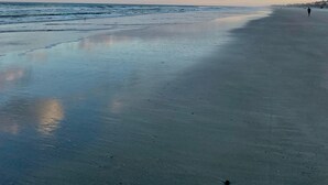 Ein Strand mit breitem Sandstrand und einem klaren Himmel mit vereinzelten Wolken.