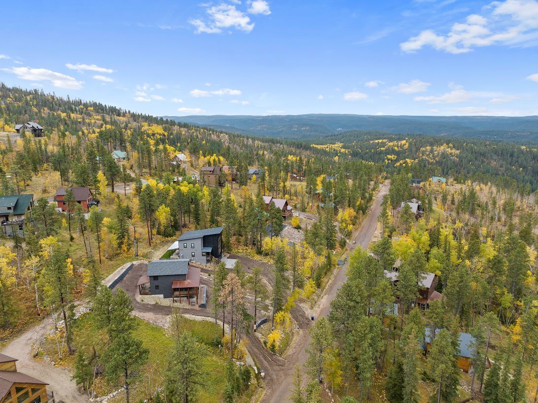 A residential area with houses surrounded by a forest, featuring a clear sky and distant mountains.