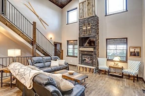 Flat-screen TV, fireplace