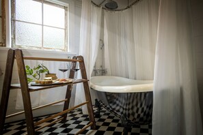 Combined shower/tub, hair dryer, towels, soap