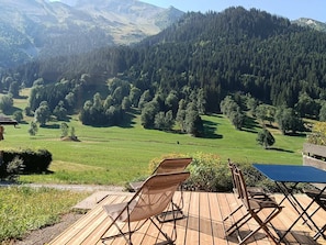 En træterrasse med stole og et bord med udsigt over et bjergrigt landskab med tætte skove.