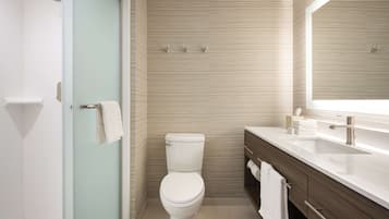Chambre, 2 grands lits, réfrigérateur et four à micro-ondes | Douche de la salle de bain