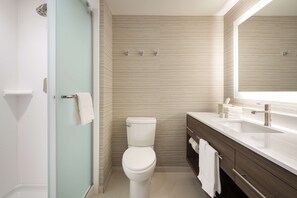 Room, 2 Queen Beds, Refrigerator & Microwave | Bathroom shower
