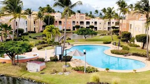 A resort with a large pool, palm trees, and a water feature.