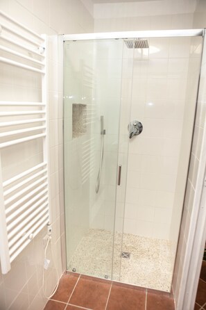 Dusche, Haartrockner, Handtücher, Seife