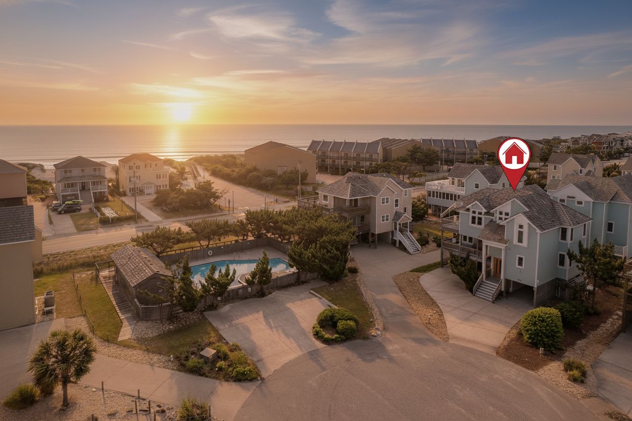 Un quartier résidentiel avec des maisons, une piscine et une vue sur l’océan au coucher du soleil.