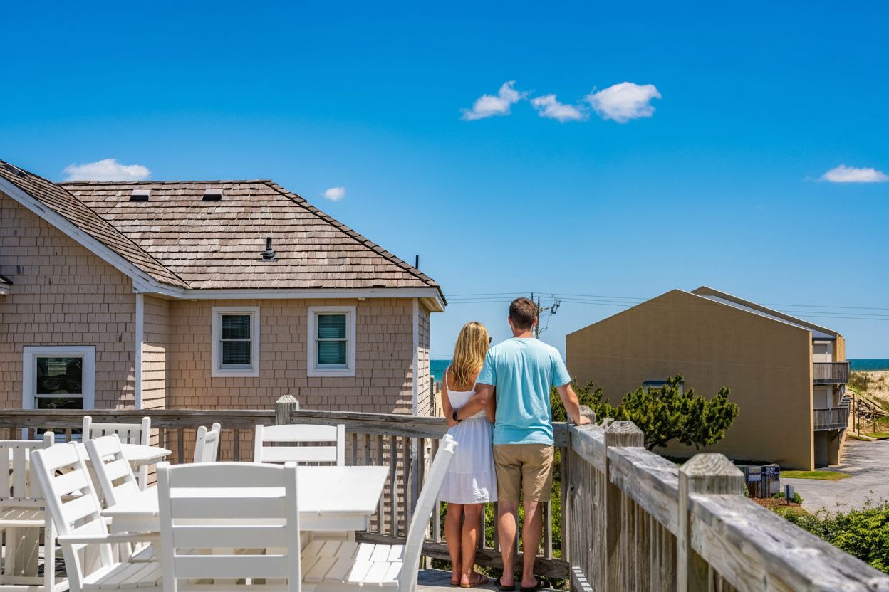 A couple standing on a wooden deck with a view of the beach and ocean.