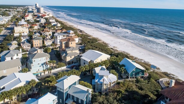 A coastal residential area with houses, a beach, and a clear sky. - 30A Beachfront Condo. Steps To The Beach! 3BD,3BA. 25+ Listing (Santa Rosa Beach)