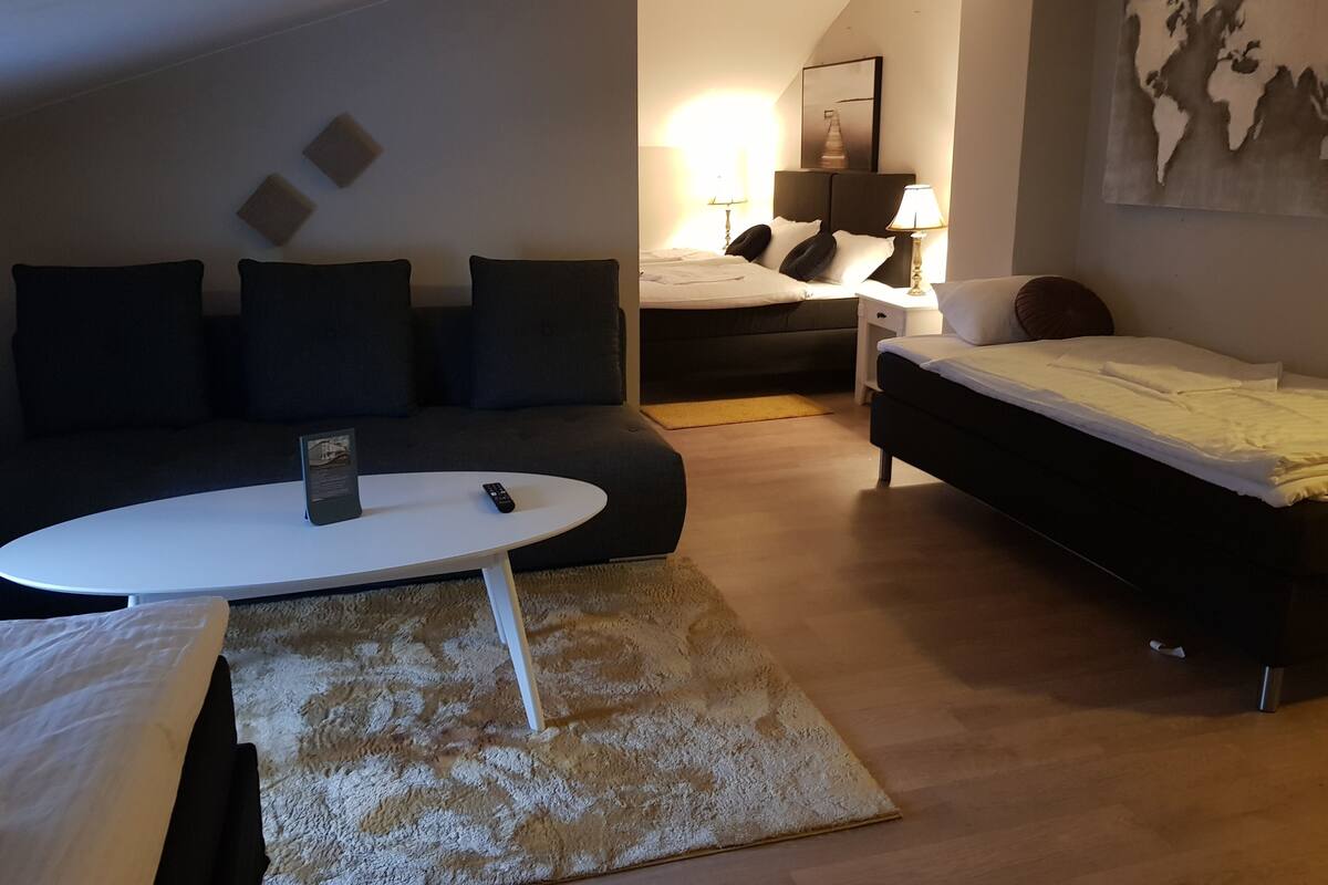 A modern, compact living space with a sofa, a bed, a small table, and a lamp.