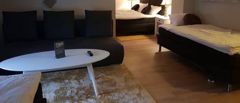 A modern, compact living space with a sofa, a bed, a small table, and a lamp.
