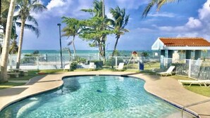 A swimming pool with a curved edge, surrounded by a white fence, palm trees, and a view of the ocean. - Beachfront Paradise Resort Villa near San Juan (Rio Grande)