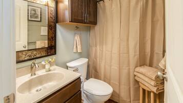 Combined shower/bathtub, hair dryer, towels, soap