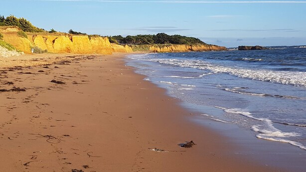Een zandstrand met zachte golven, een heldere lucht en een klif begroeid met begroeiing.