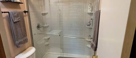 A compact bathroom with a glass-enclosed shower, a toilet, and a sink.