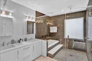 Bathtub, hair dryer, towels, toilet paper